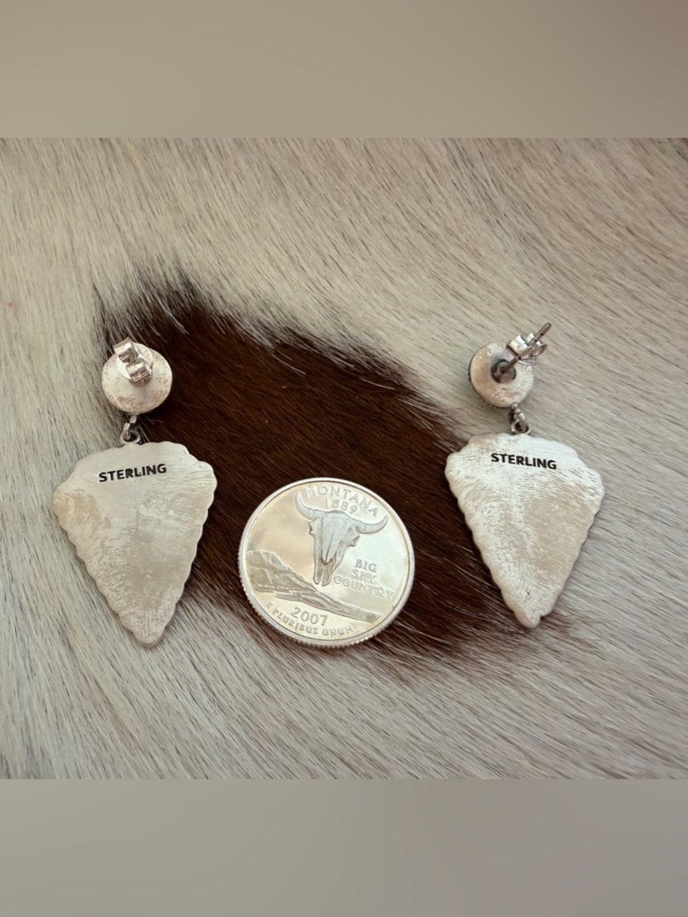 ❤️Kingman Turquoise Arrowhead Sterling Silver Symbol Hand Stamped Earrings 13.2G - Picture 5 of 15